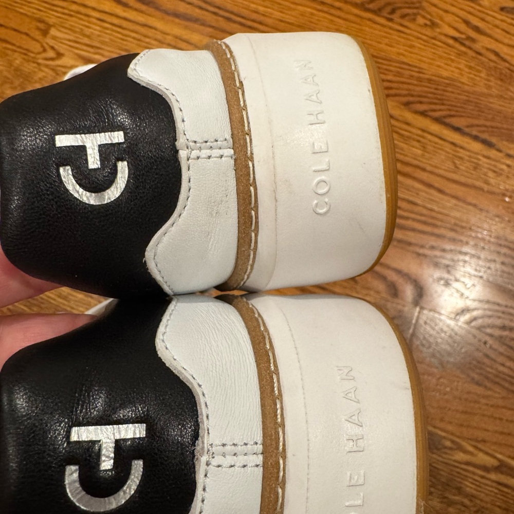 Cole Haan White Leather Sneakers with Black Heel and Yellow Insoles